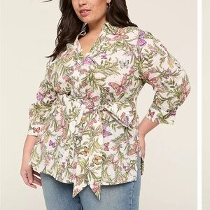 Lane Bryant Belted Button Front Butterfly Floral Tunic Top Size 28‎ Classic NEW